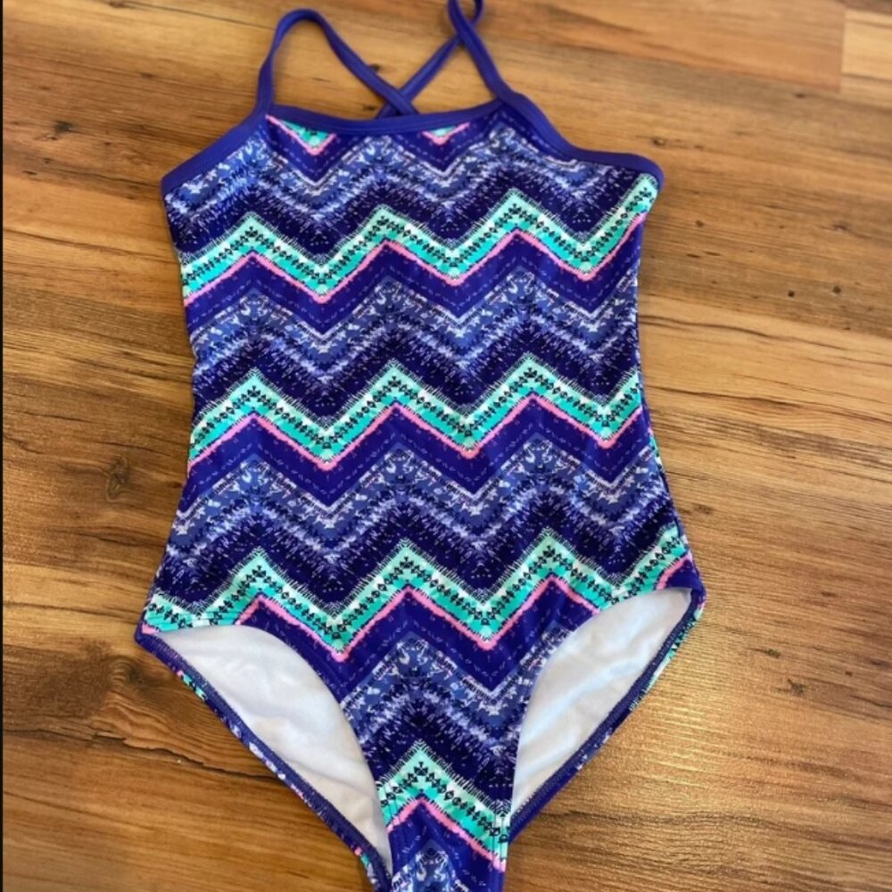 Girl's Purple & Blue Striped One-Piece Swimsuit